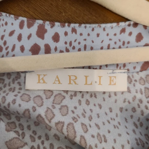 KARLIE Icy Blue And Brown Dot Print Satin Oversized Tiered Maxi Dress - Picture 12 of 12